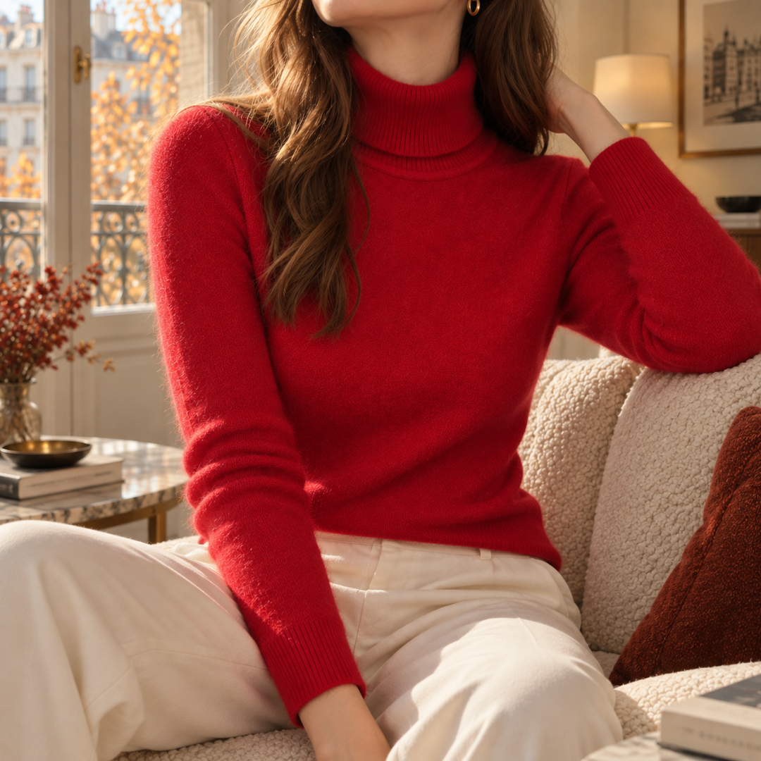 Pull rouge col roulé replié, manches longues en maille fine unie