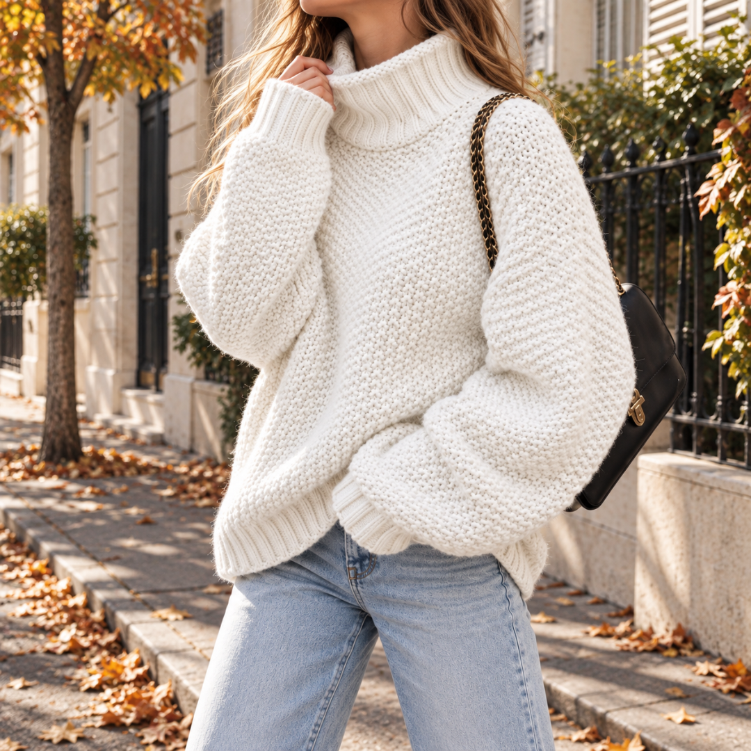 Pull femme blanc à col roulé en grosse maille porté avec un pantalon clair