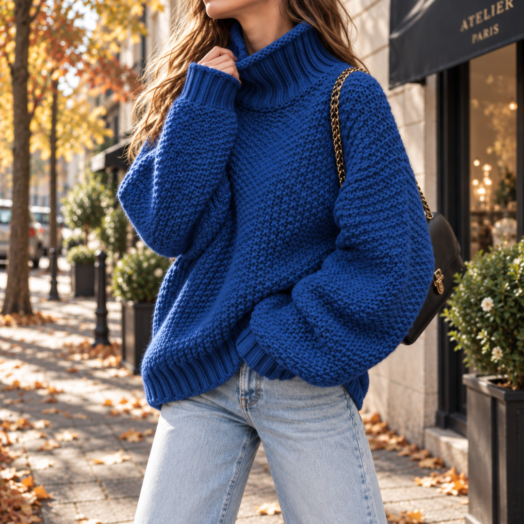 Pull femme bleu roi à col roulé en grosse maille, manches longues amples