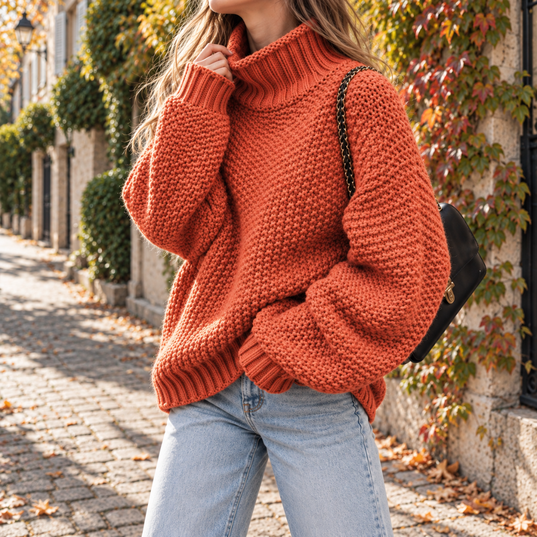 Pull femme orange à col roulé en grosse maille, poignets et bas côtelés
