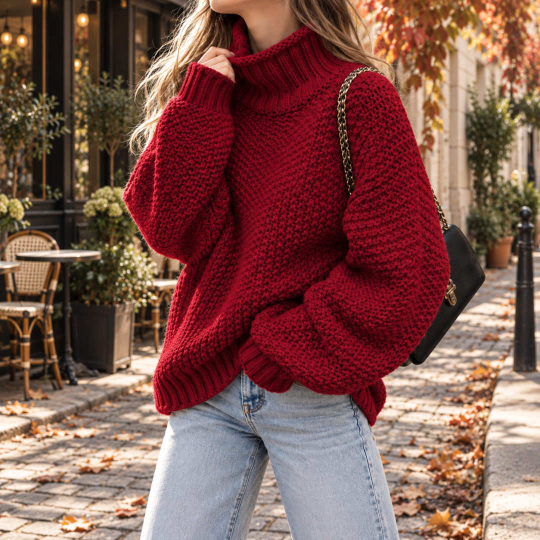 Pull rouge en grosse maille, col roulé replié et manches longues volumineuses
