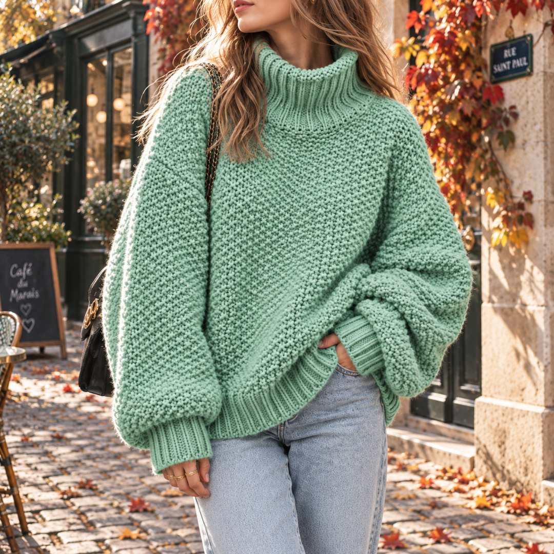 Pull vert d'eau à col roulé porté avec un pantalon clair dans une rue pavée