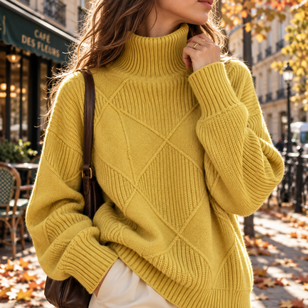 Pull femme jaune col roulé côtelé avec motif losanges sur le buste