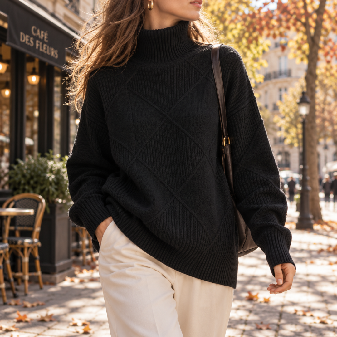 Pull femme noir à col roulé côtelé et motif losanges, allure ample