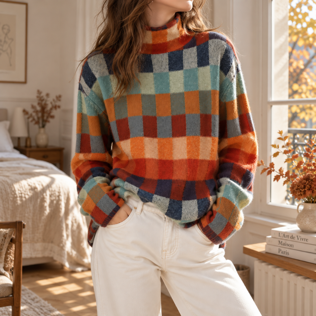 Pull femme à carreaux colorés avec col roulé et épaules tombantes, ambiance automnale