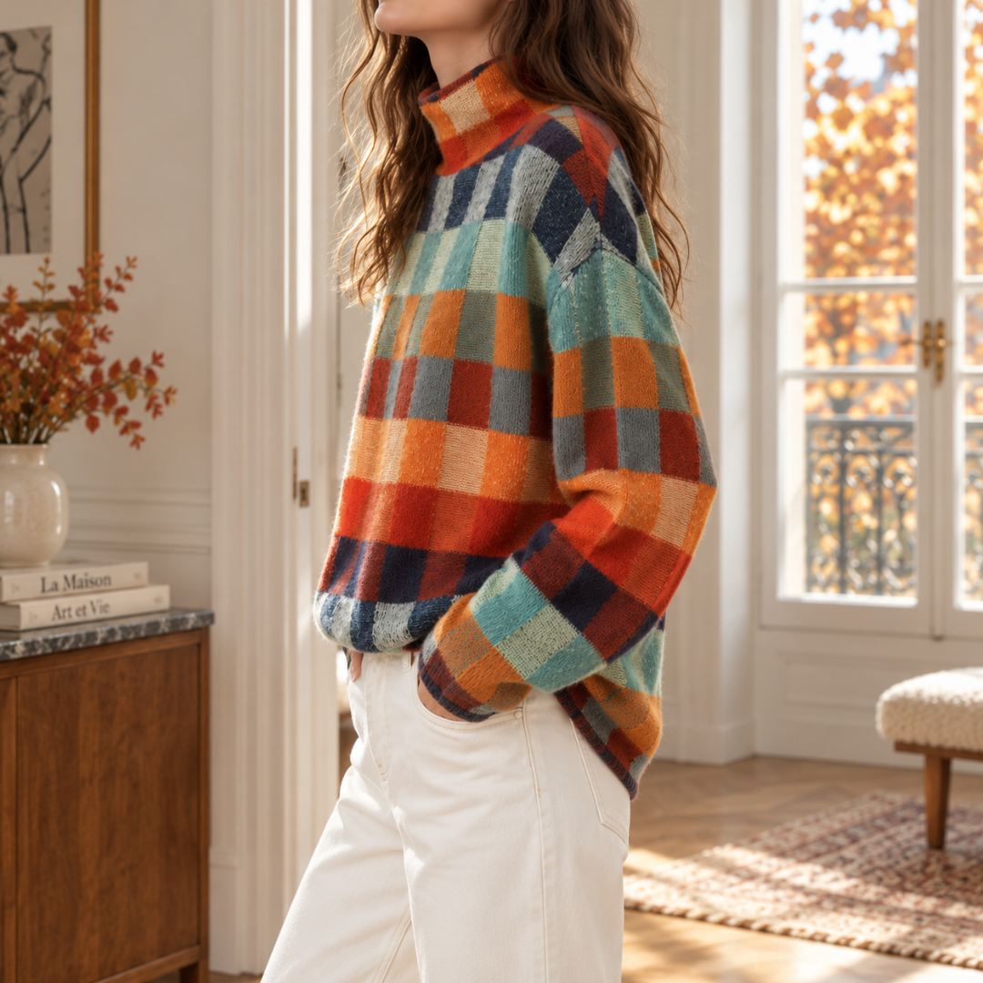 Vue de profil du pull à damier multicolore, manches longues et volume ample