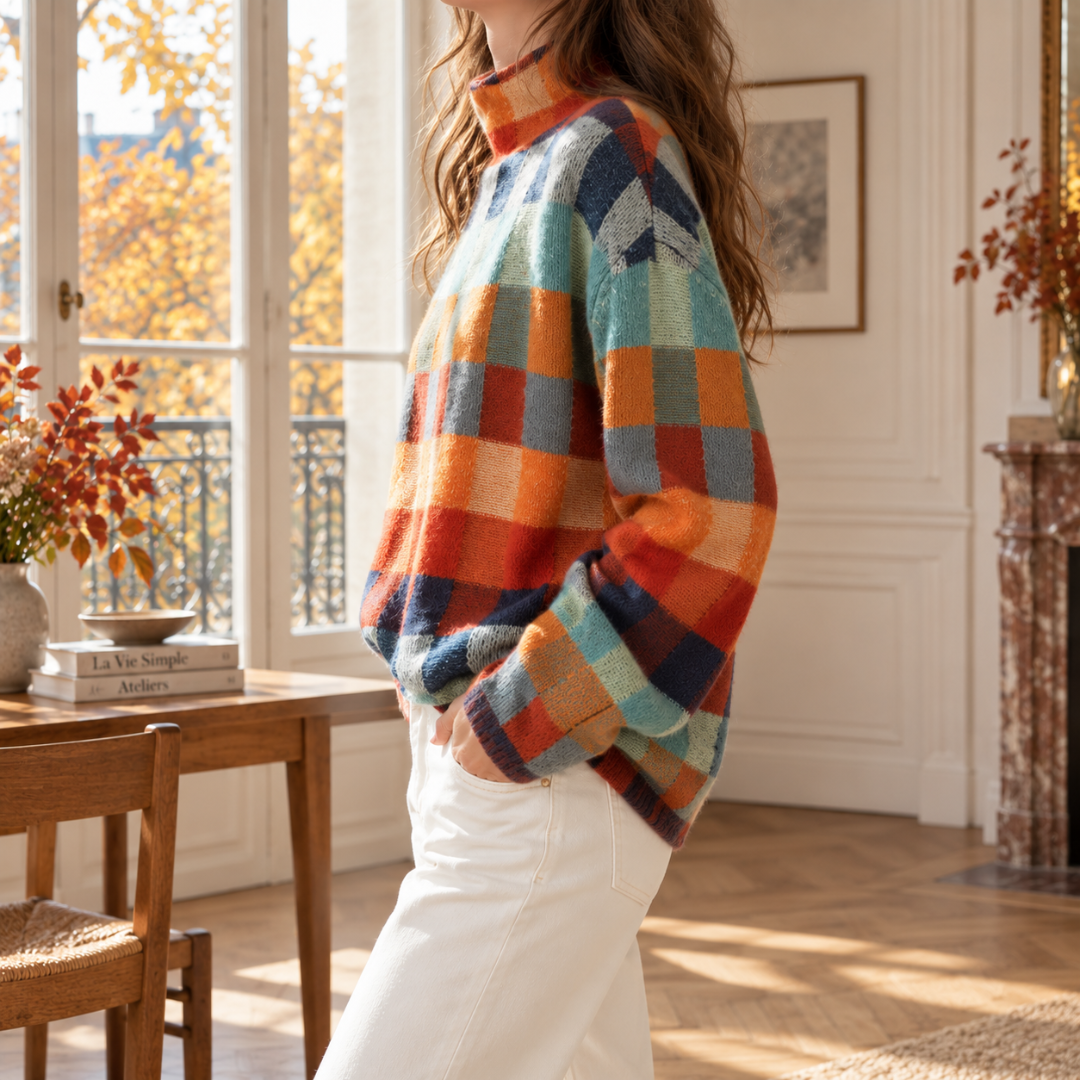 Pull femme damier orange et bleu vu de côté, col roulé relevé