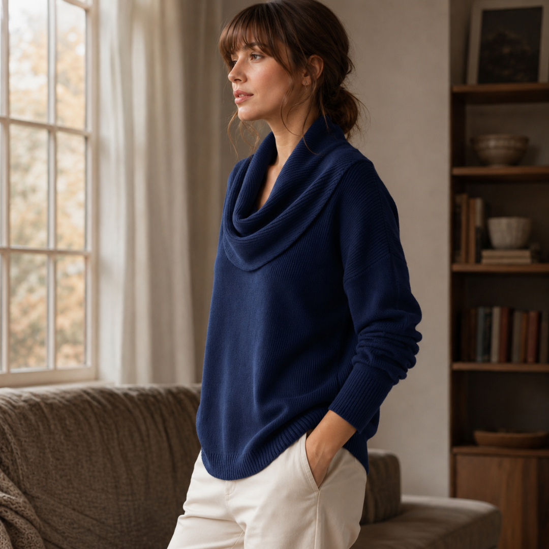 Vue de profil du pull bleu marine, col drapé et manches longues