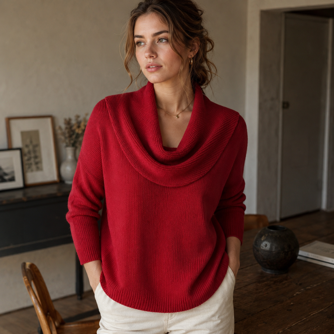 Pull rouge à col bénitier drapé, manches longues et base côtelée