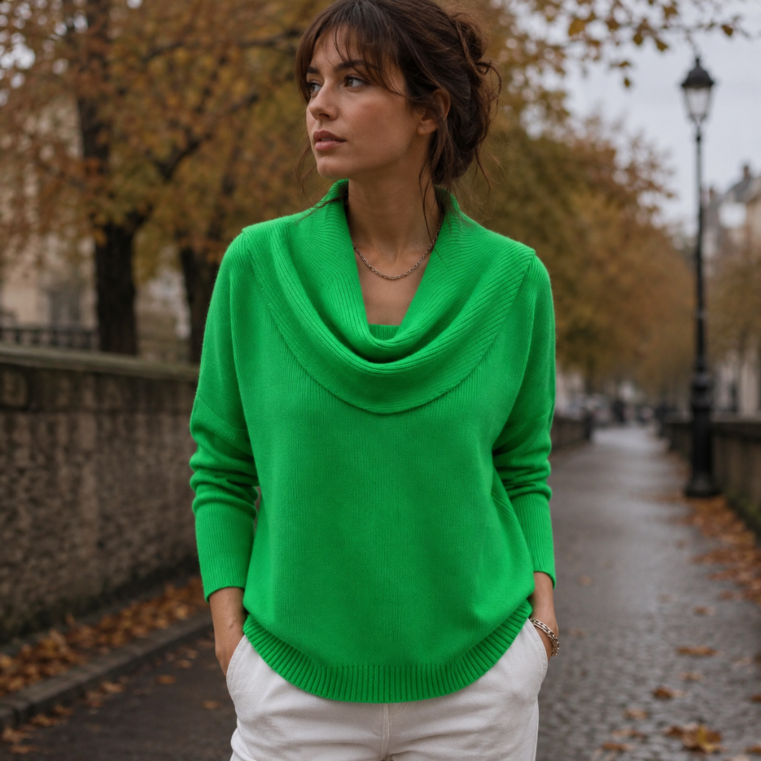 Pull vert vif à col bénitier drapé, manches longues et bas côtelé