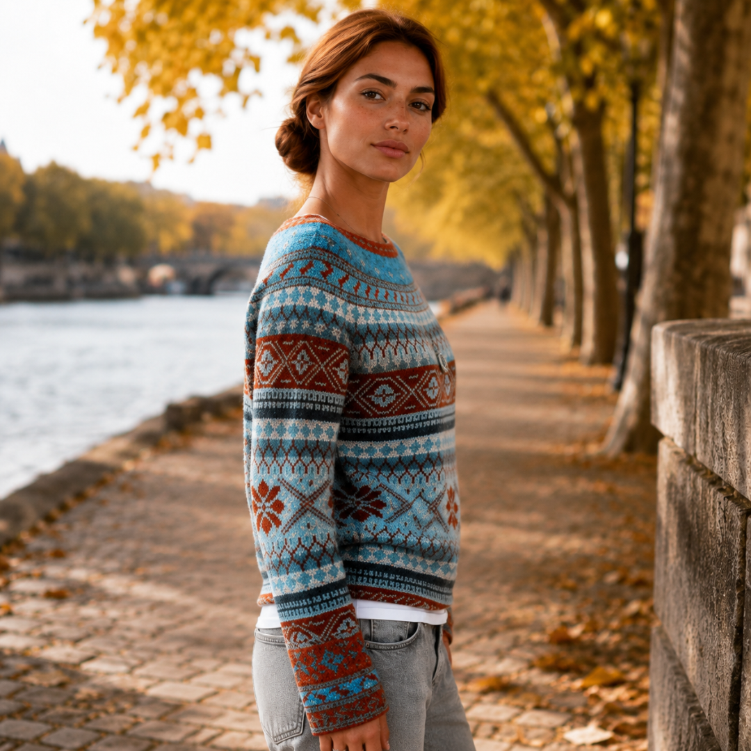Pull bleu à bandes jacquard vu de profil, manches longues et poignets à motifs