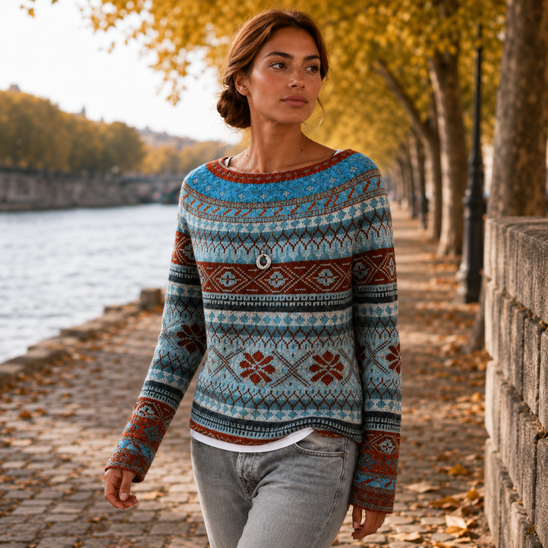 Pull femme bleu à motifs jacquard multicolores, col bateau porté avec un pantalon gris