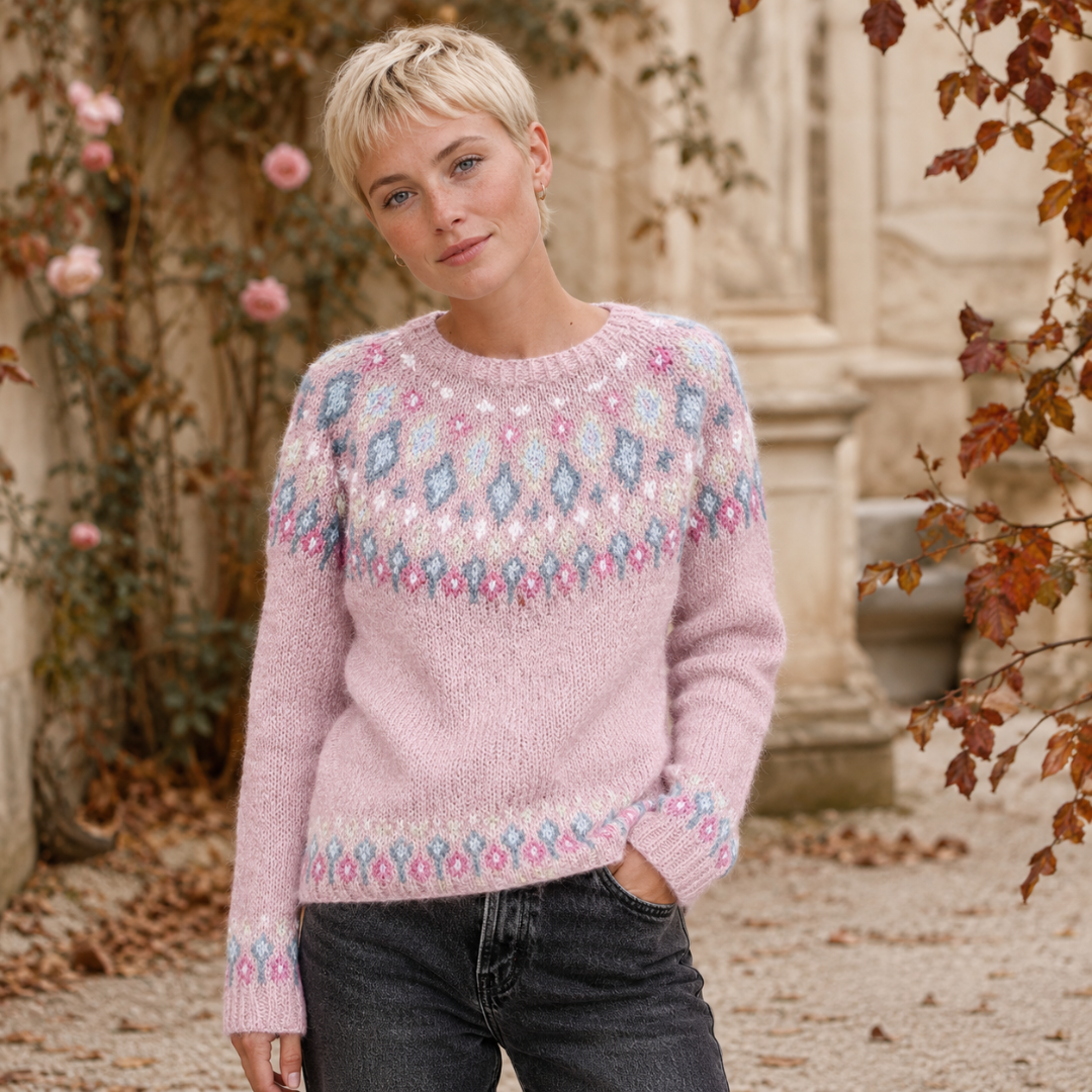 Pull femme rose à empiècement jacquard multicolore et col rond côtelé