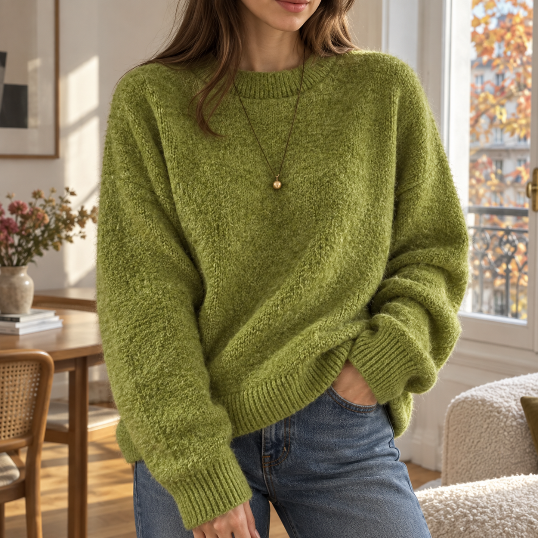 Pull femme vert en maille unie, col rond côtelé et épaules tombantes