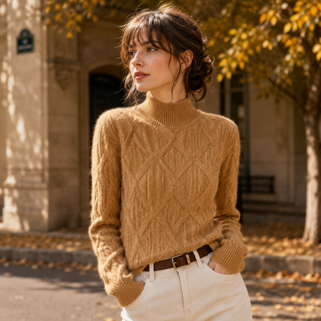 Pull femme camel à col montant côtelé, losanges en relief et poignets côtelés