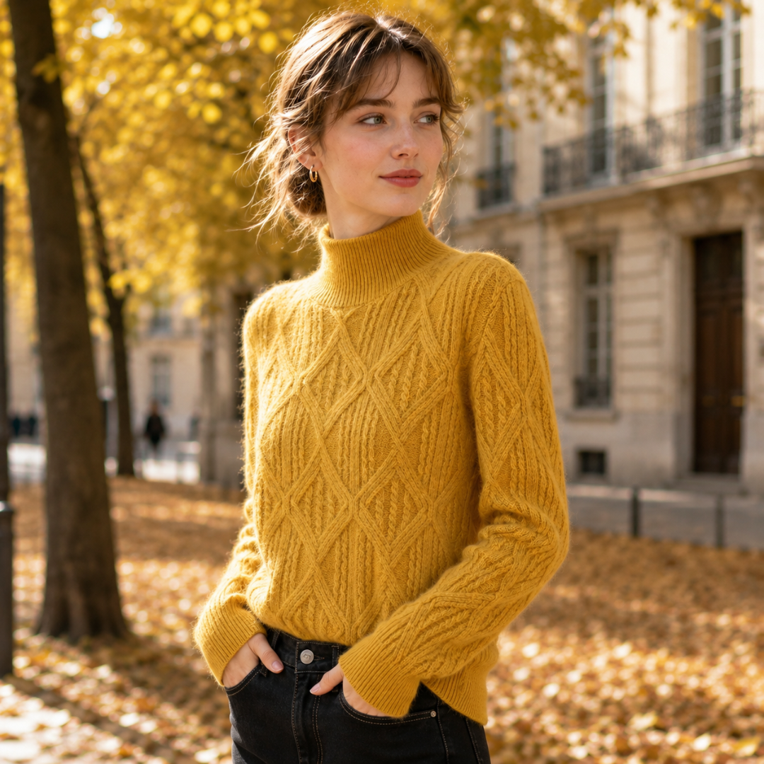 Pull femme jaune en maille à losanges, poignets côtelés et manches longues