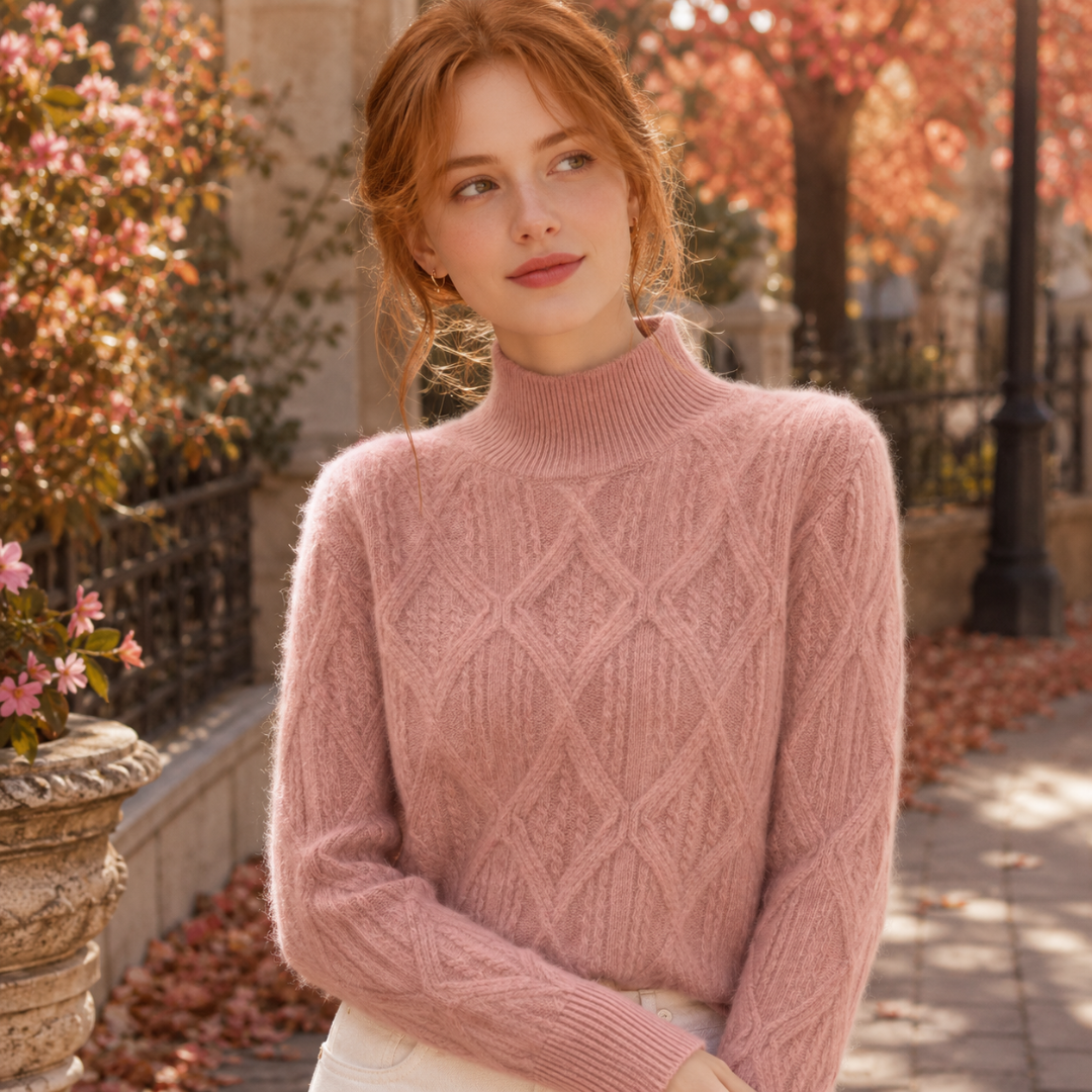 Pull femme rose en maille torsadée à losanges, col montant côtelé