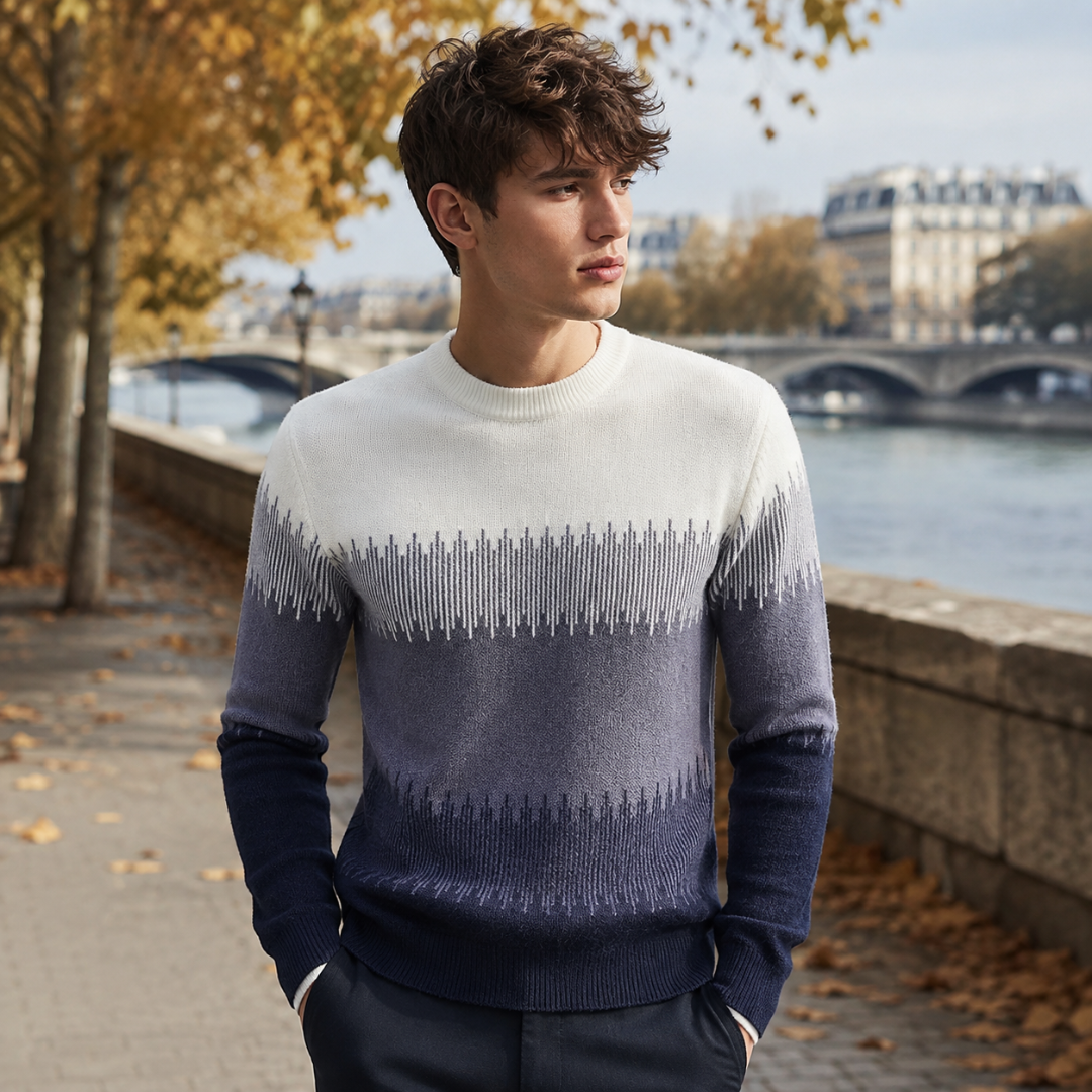 Pull homme bleu gris et blanc à col montant, motif en pointes et bas côtelé