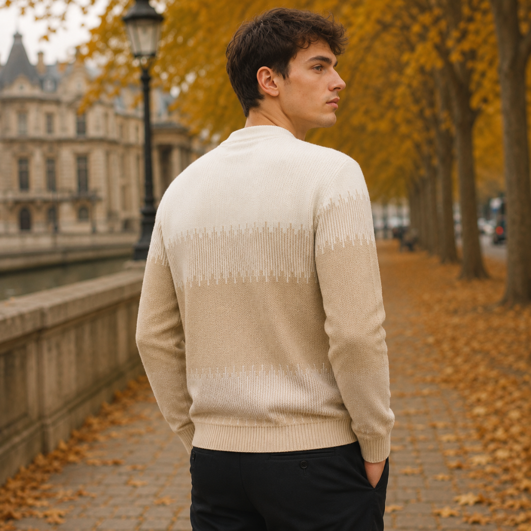 Dos du pull homme kaki avec bande inférieure côtelée et motif en fines pointes