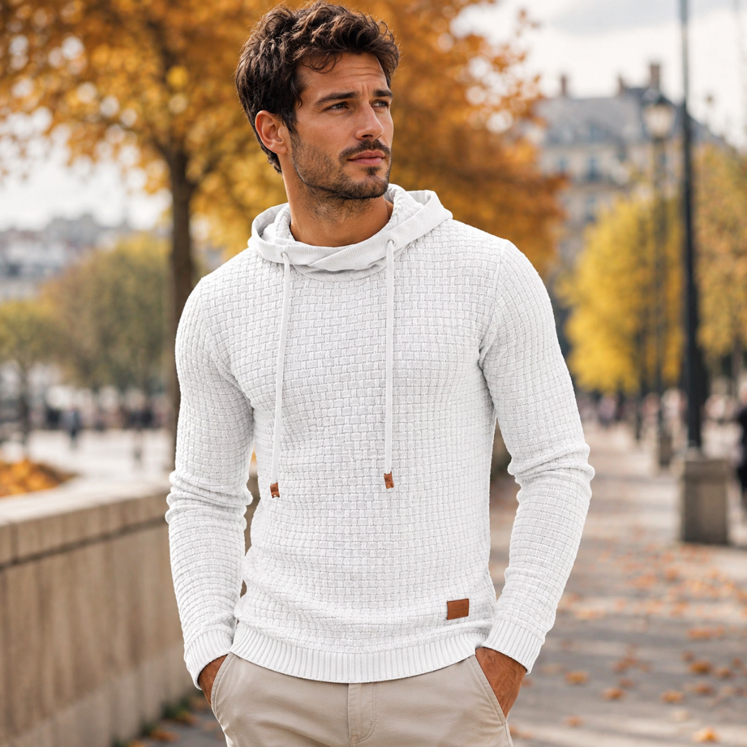 Pull homme blanc à capuche en maille texturée à petits carrés avec cordon de serrage