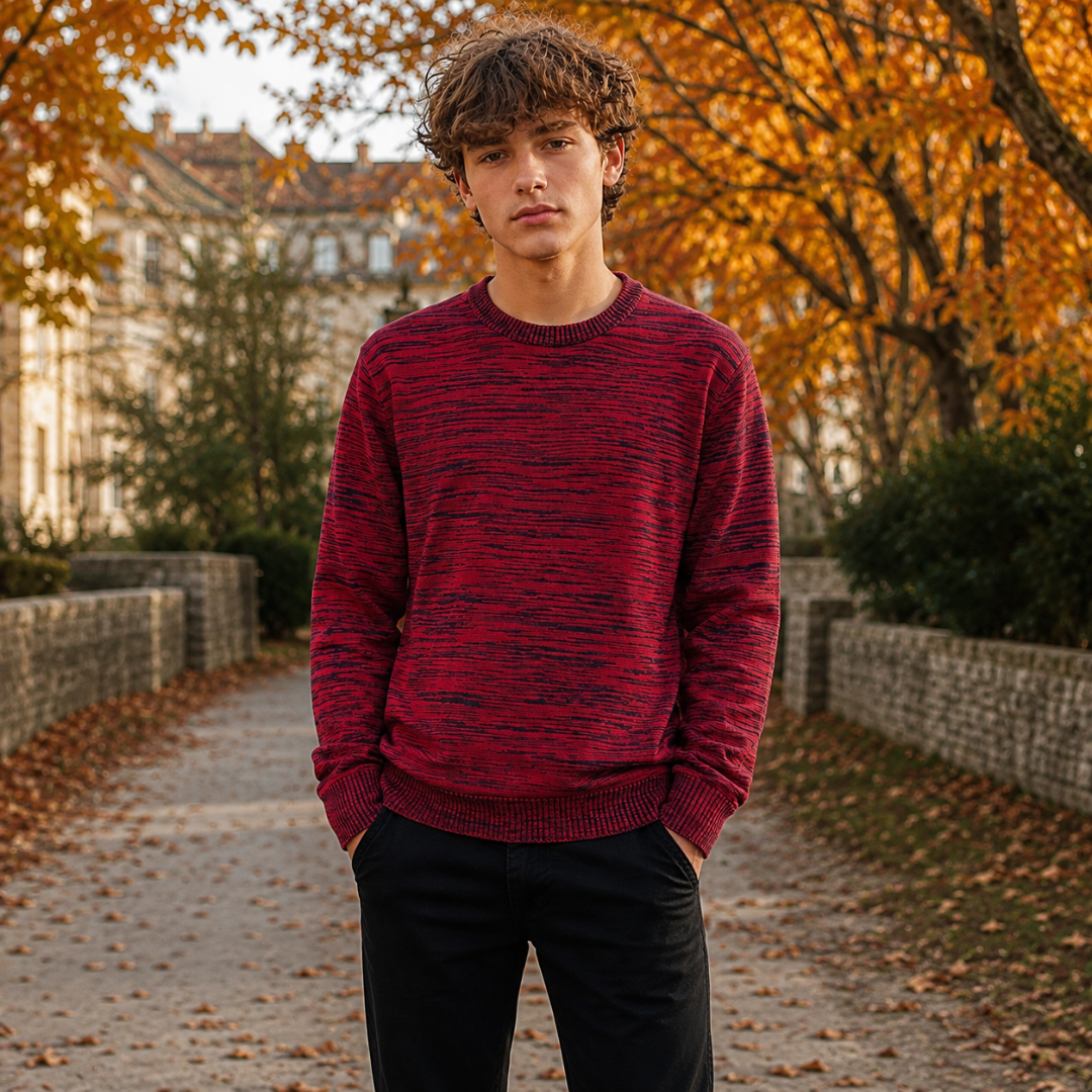 Pull homme rouge en maille chinée, col rond côtelé, porté de face en extérieur