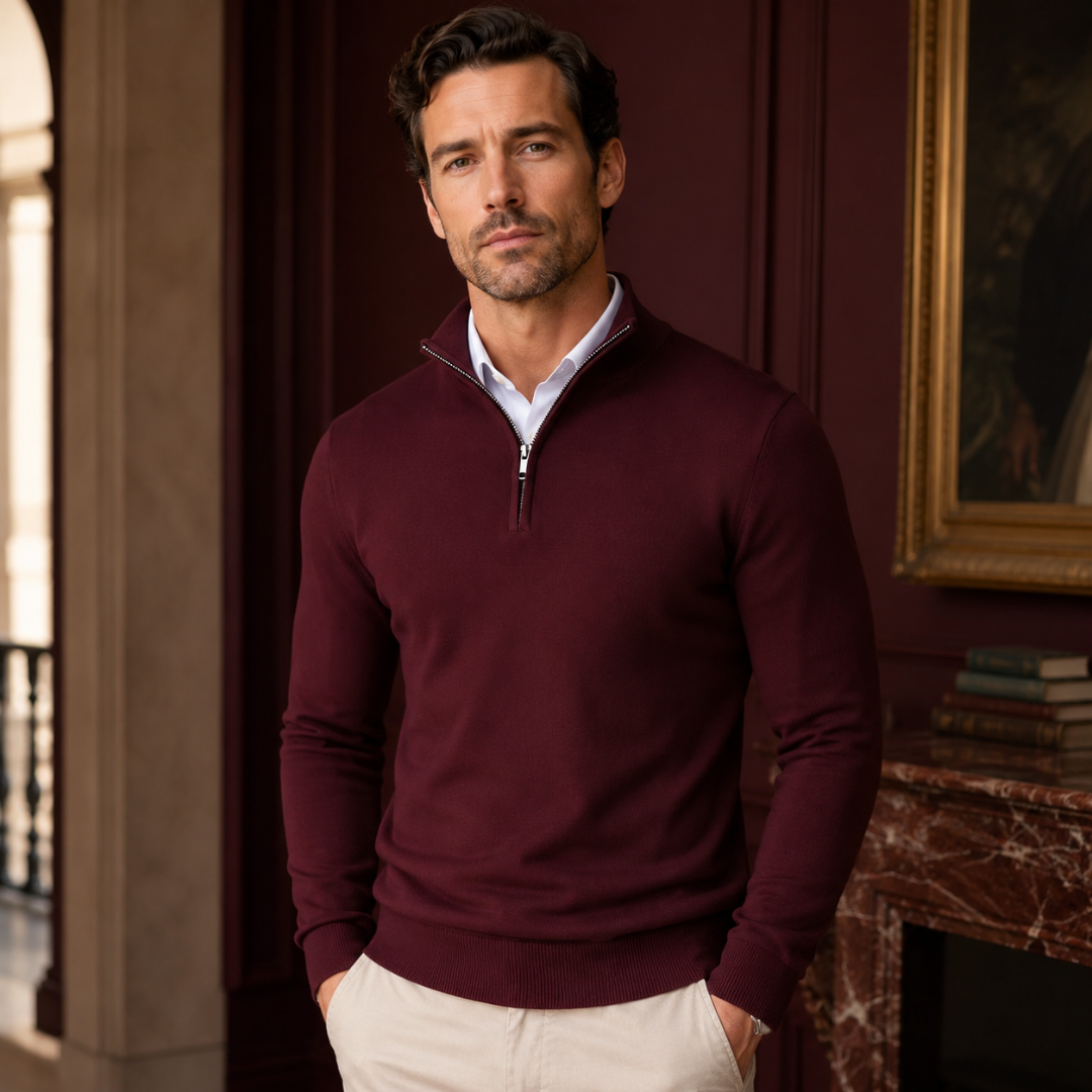 Pull homme bordeaux à col montant demi-zip, bas côtelé et manches longues