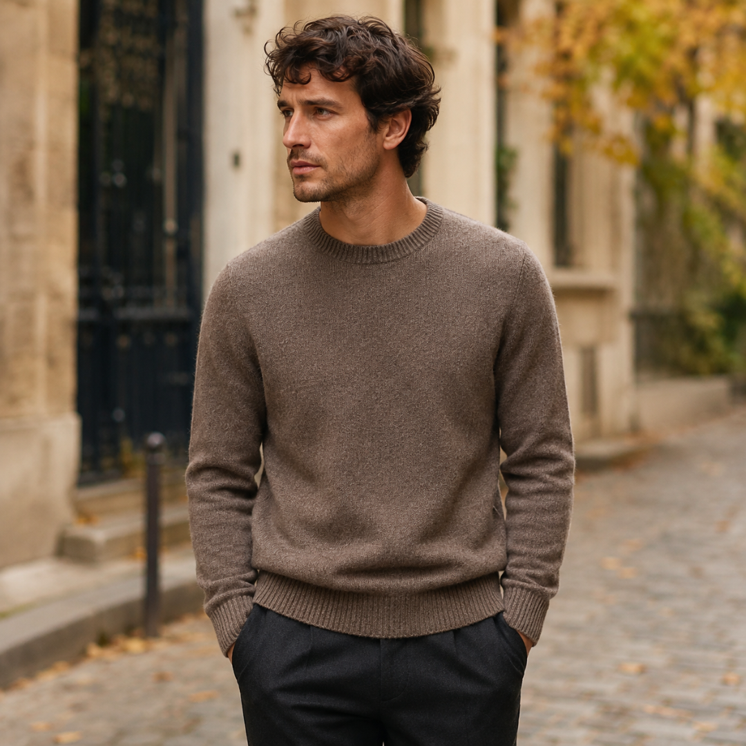 Pull homme camel foncé uni à encolure ronde, rue pavée en arrière-plan