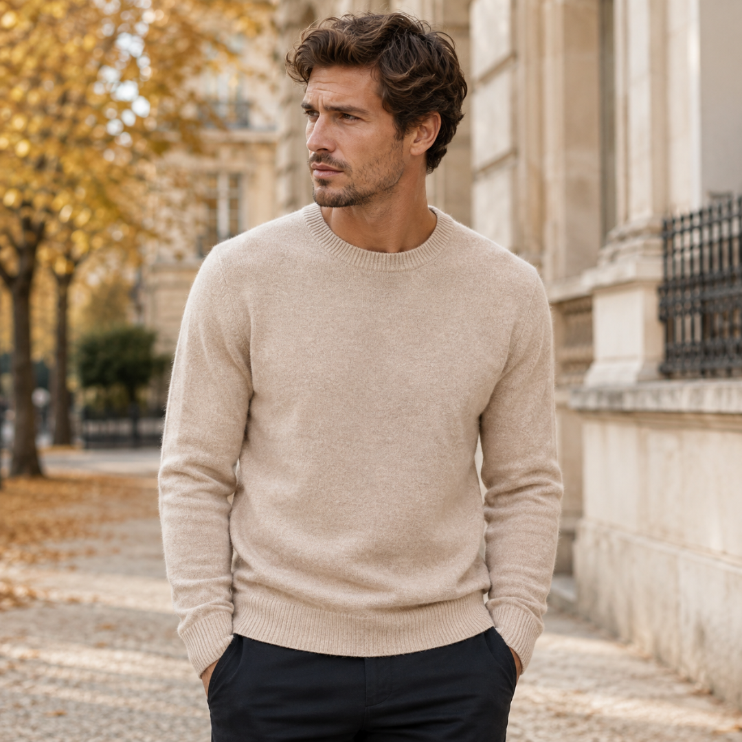 Pull homme camel uni avec encolure ronde et poignets côtelés en extérieur