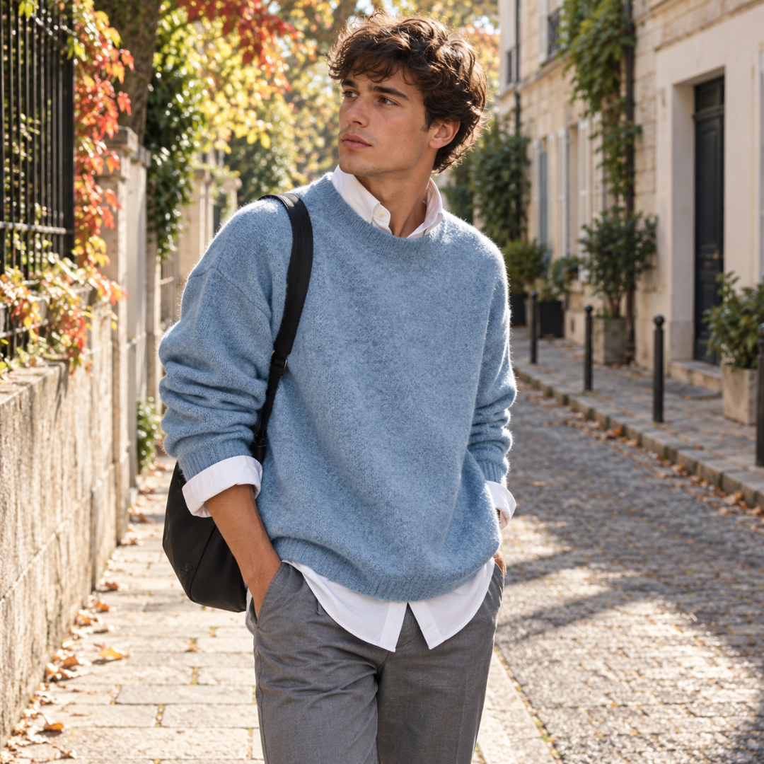 Pull homme bleu clair à col rond côtelé et épaules tombantes en ville