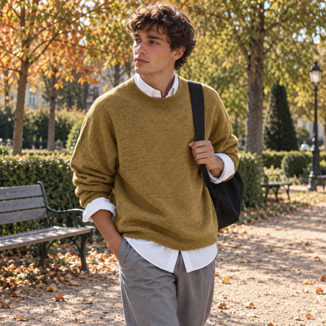 Pull homme jaune moutarde à col rond porté sur une chemise blanche