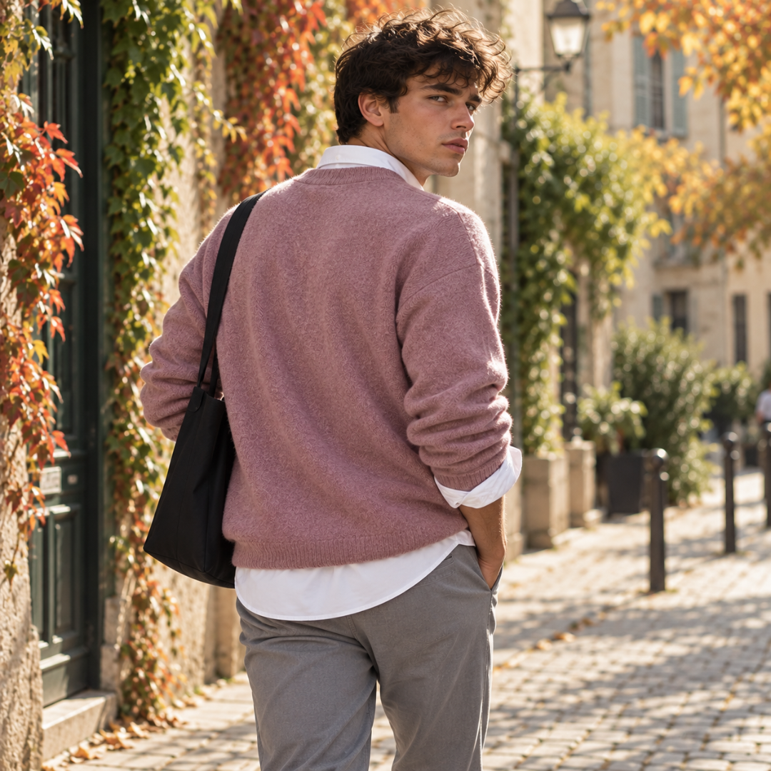 Dos du pull homme rose avec bord côtelé à la base et encolure ronde