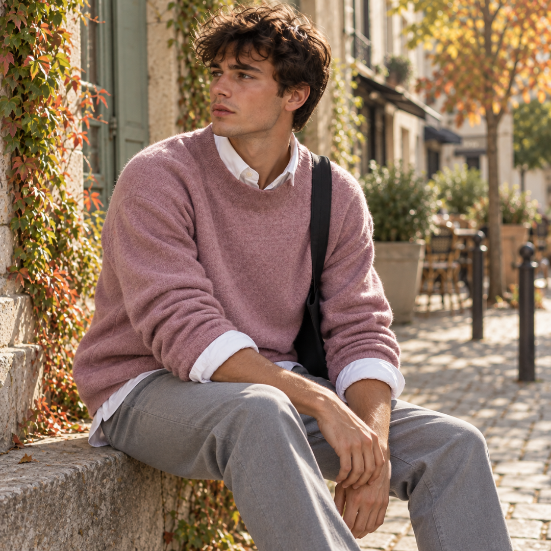 Homme assis en pull rose duveteux, chemise blanche dépassant sous la maille