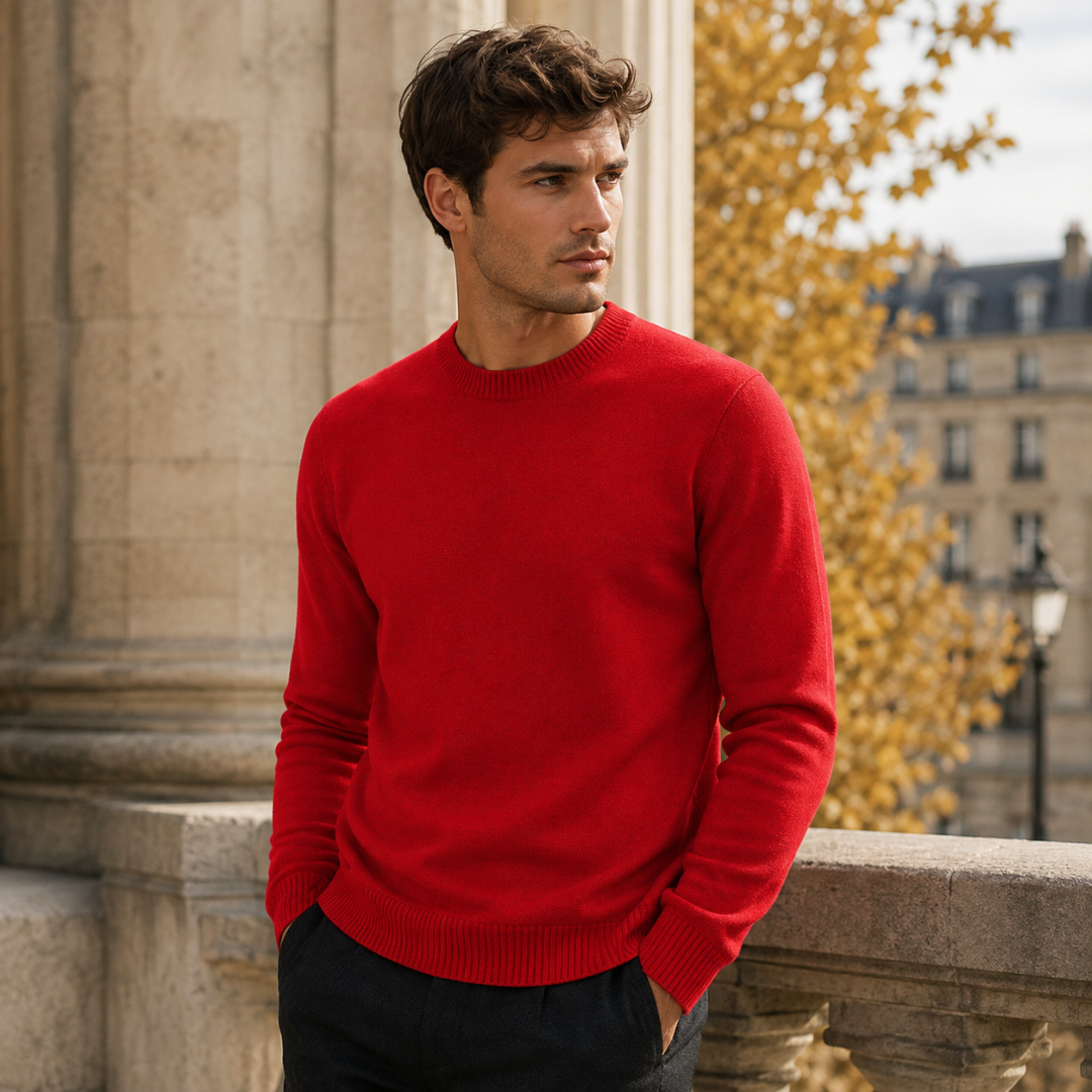 Pull homme rouge écarlate à col rond côtelé et poignets côtelés