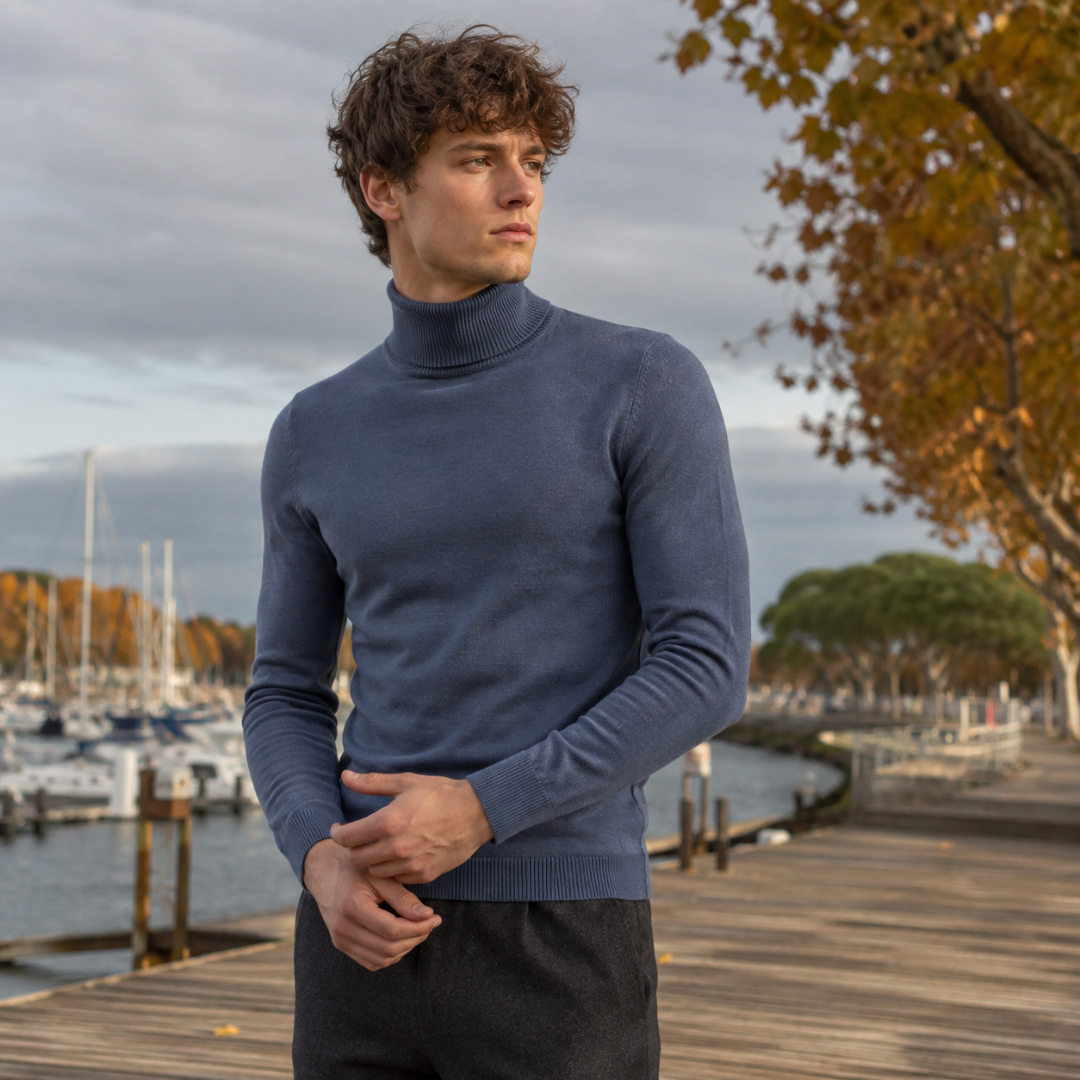 Pull homme gris bleuté à col roulé côtelé et bas côtelé