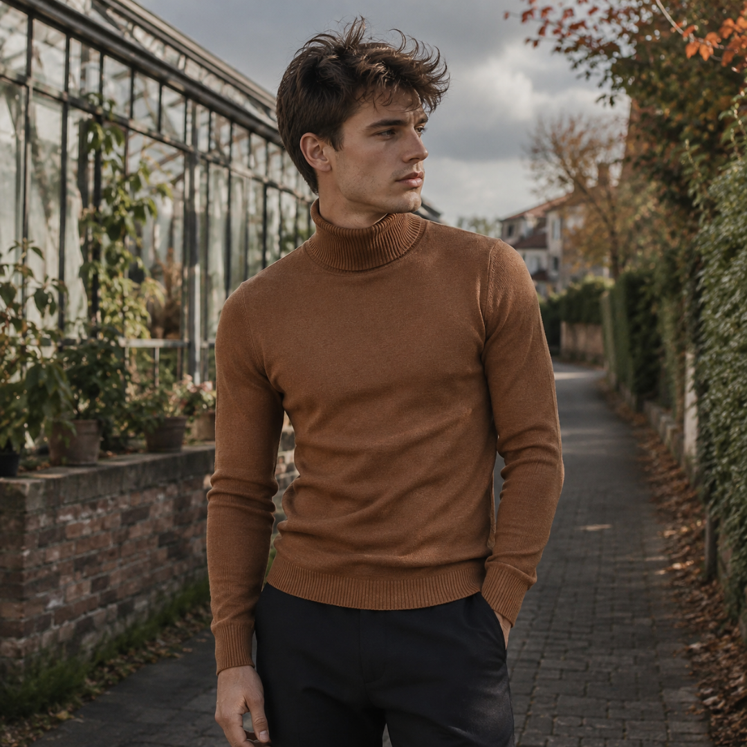 Pull homme marron clair à col roulé montant et poignets côtelés