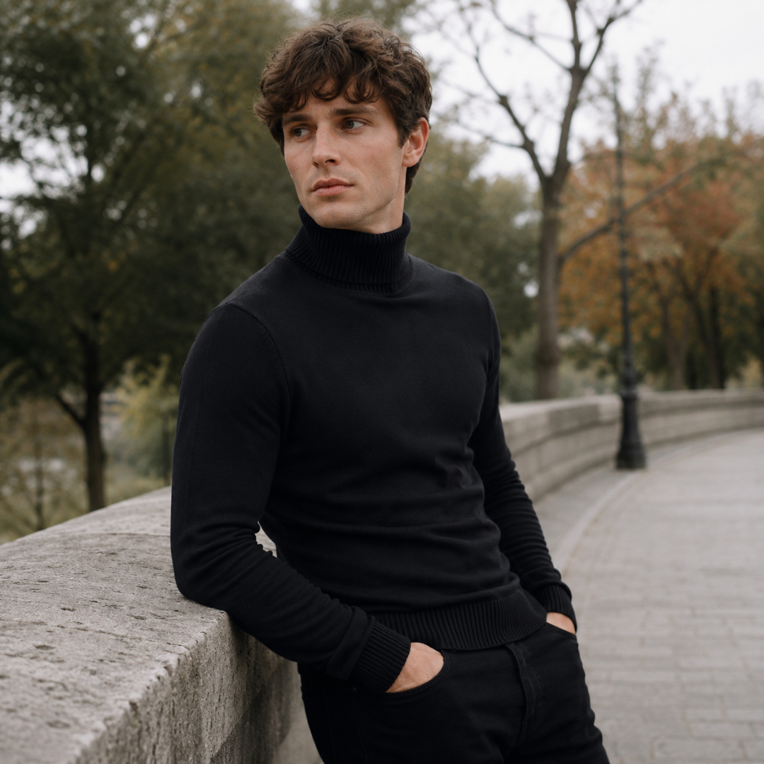 Pull homme noir à col roulé montant côtelé et manches longues
