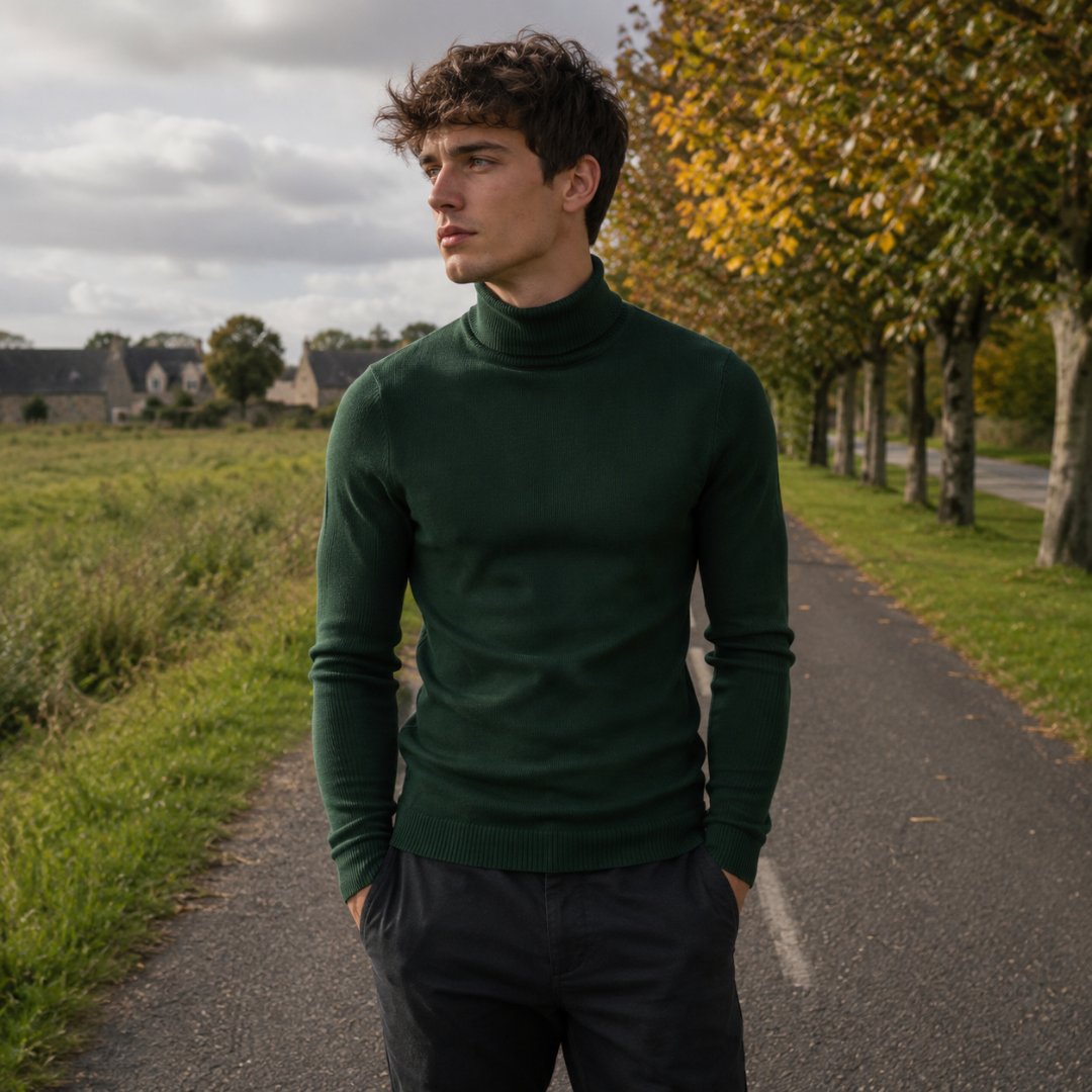 Pull vert foncé à col roulé en maille unie, bas côtelé