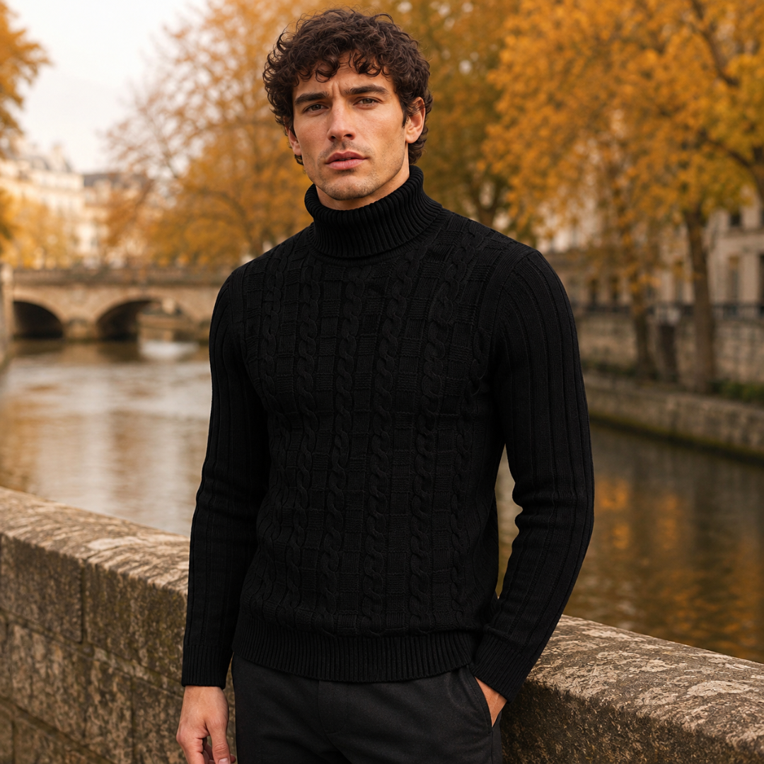 Pull homme noir à col roulé côtelé et torsades verticales, vue de face