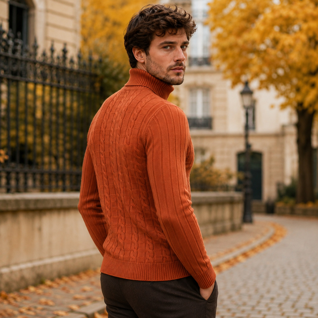 Vue de dos du pull homme orange, maille torsadée et col roulé côtelé