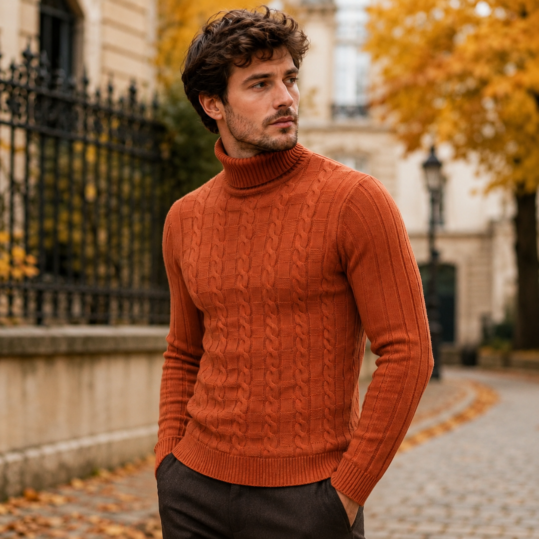Pull orange homme à col roulé, torsades en relief et bas bords-côtes