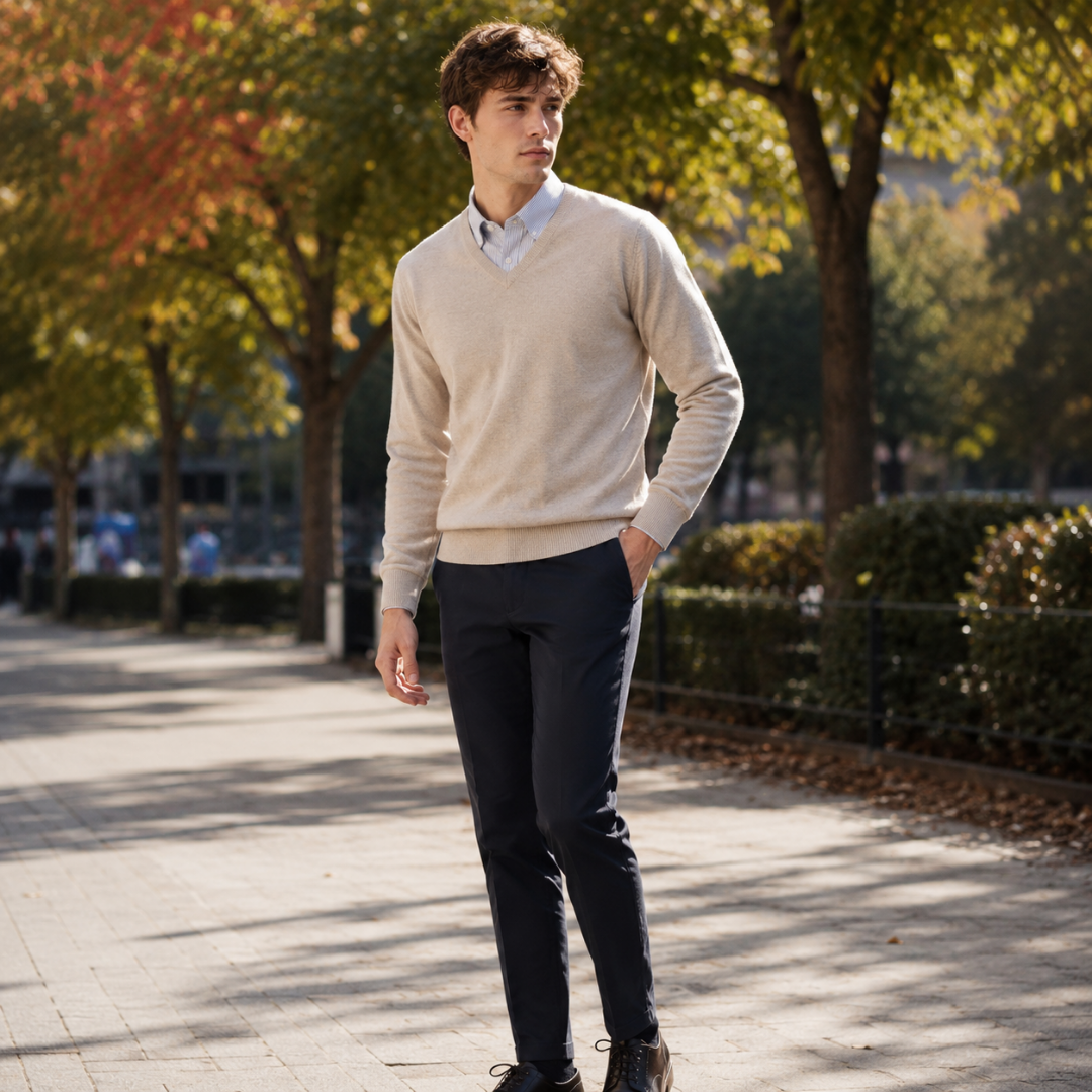 Pull homme beige à col V en maille unie, poignets côtelés apparents