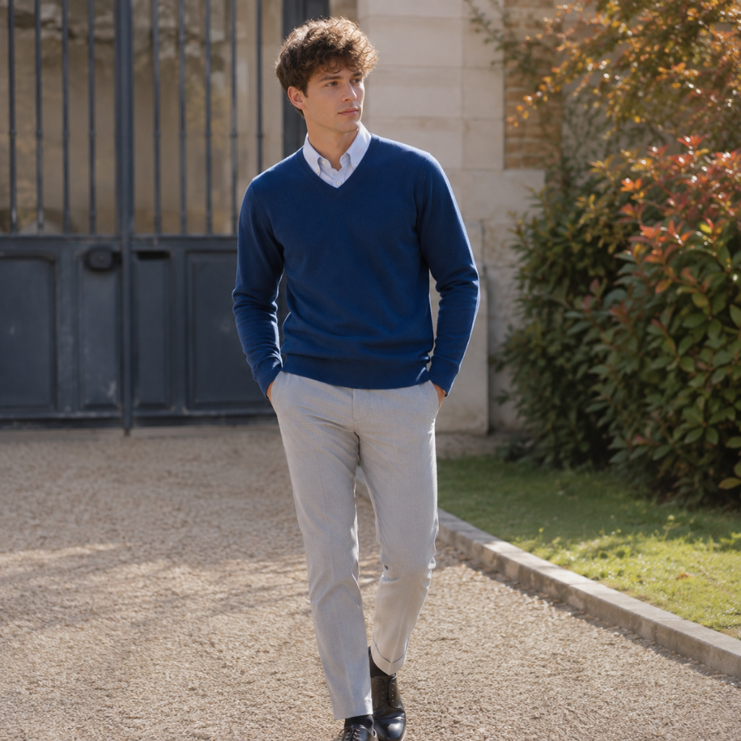 Pull homme bleu à col V, manches longues et poignets côtelés, pantalon gris