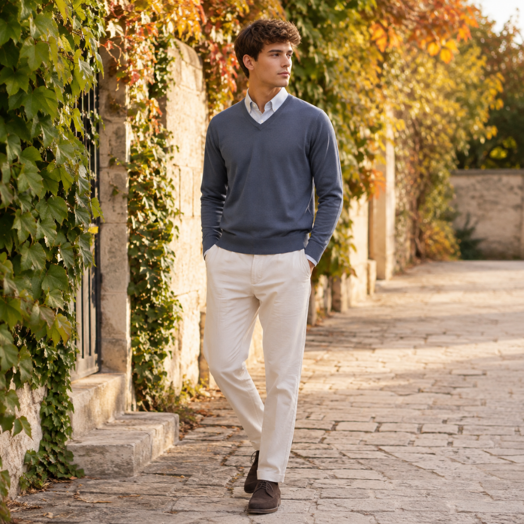 Pull homme gris foncé à col V en maille unie avec pantalon écru