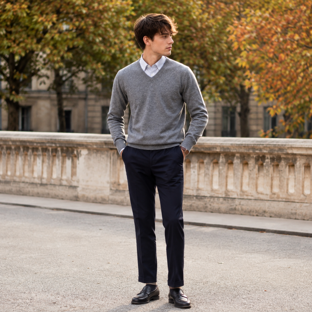 Pull homme gris à col V sur chemise rayée, pantalon marine et mocassins