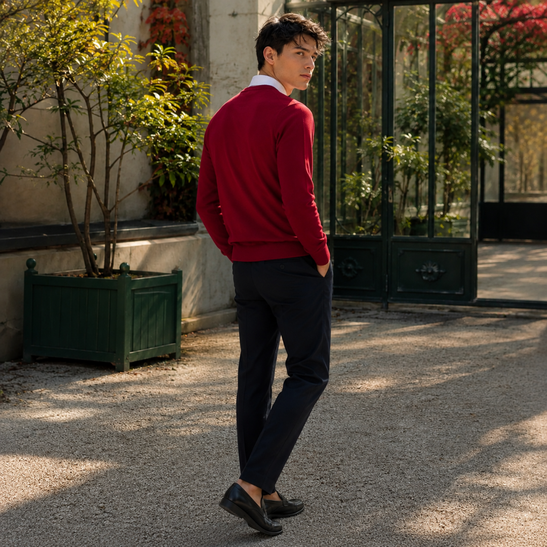 Dos du pull homme rouge à col V, ligne droite et bas côtelé