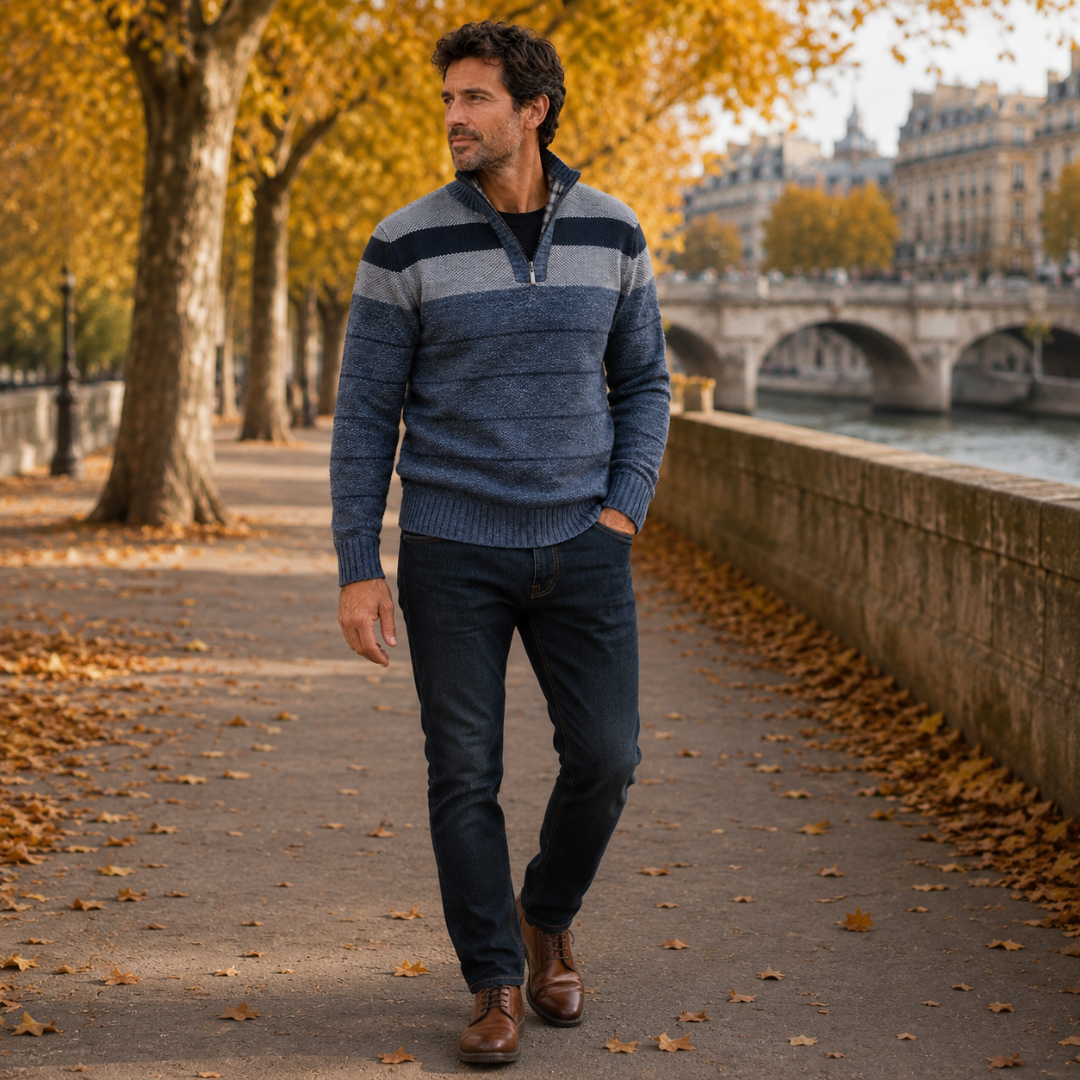 Homme en pull bleu demi-zip à rayures contrastées, porté avec un pantalon foncé