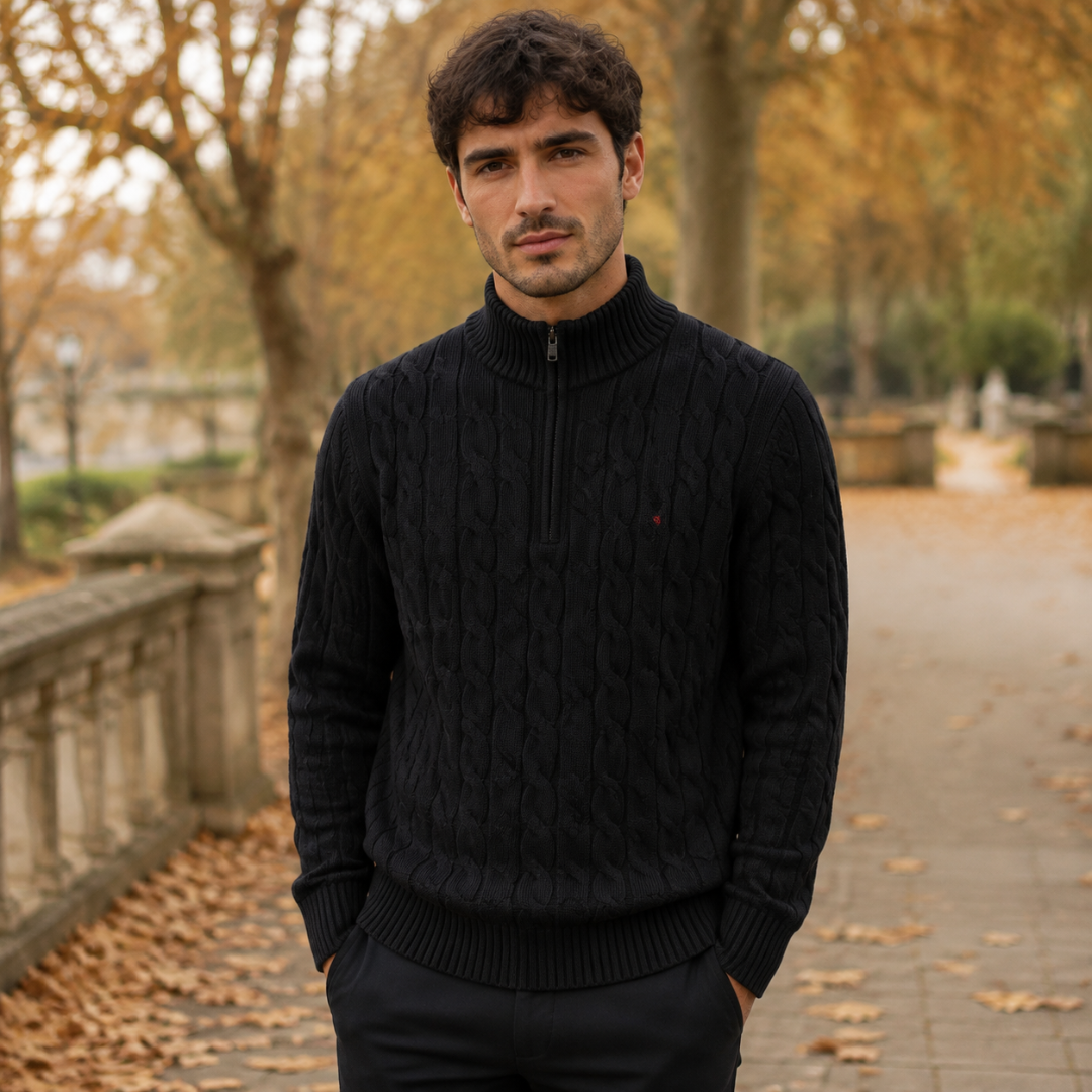 Pull homme noir en maille torsadée avec col montant et fermeture demi-zip