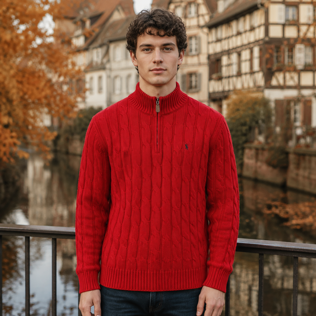 Pull homme rouge en maille torsadée avec col zippé et poignets côtelés