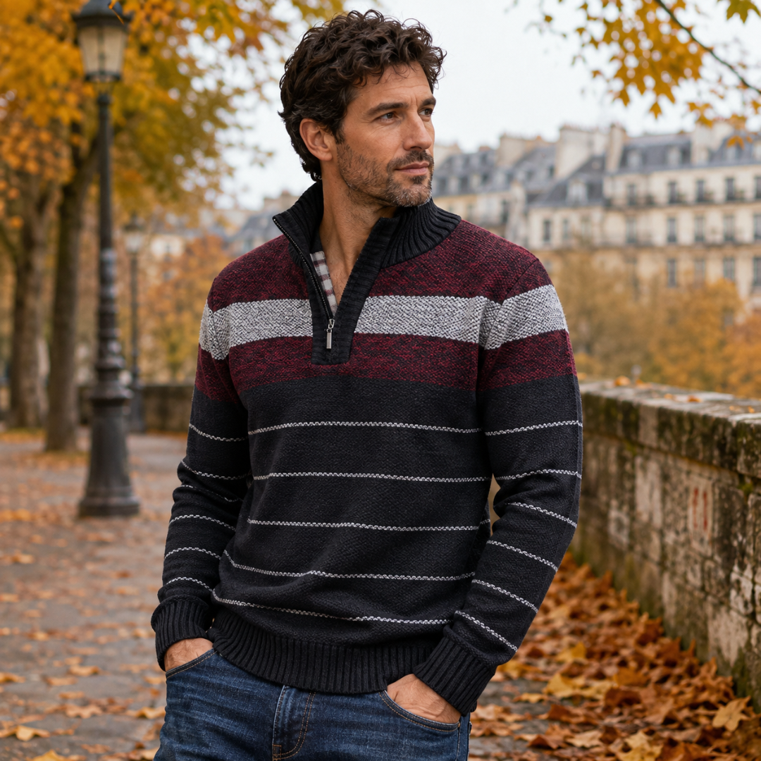 Pull homme rouge bordeaux demi-zip avec rayures grises et fines rayures contrastées