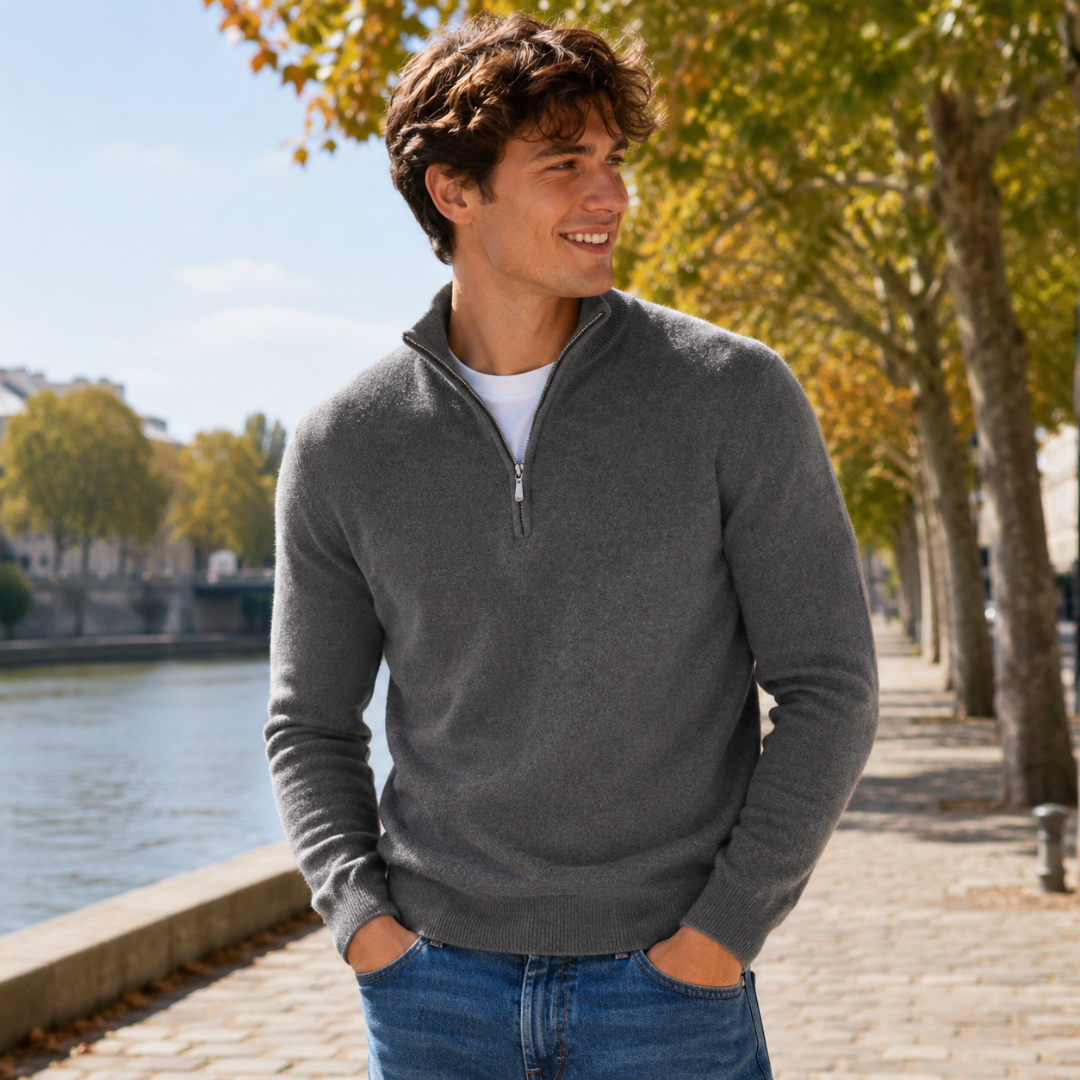 Pull homme gris foncé demi-zip avec col montant et bas en bords côtes